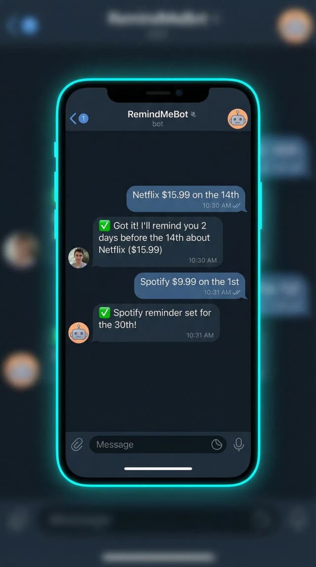 Telegram chat mockup showing Subfoo in action